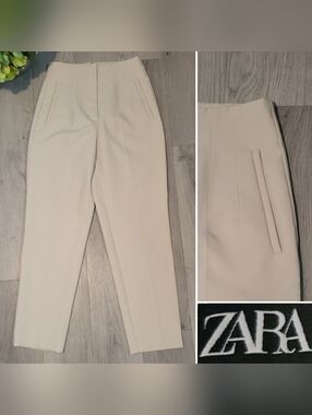 Zara Ivory Cream Pleated High-Waist Ankle Length Trouser, Women EUR S, US Small